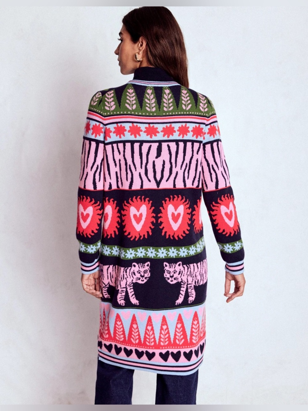 Boden Tigers Long Jacquard Cardigan Navy Pink Size S - Picture 4 of 10